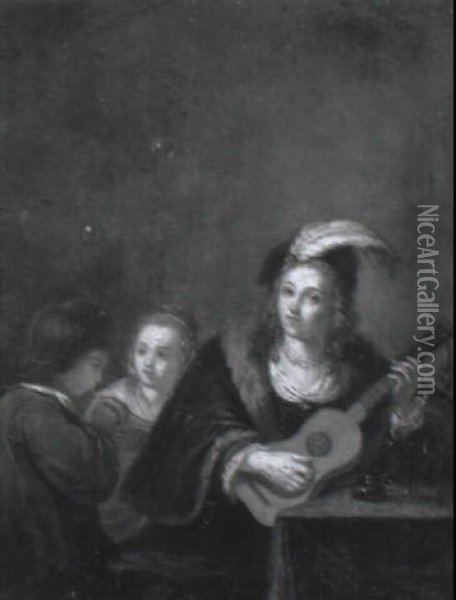 Lady Playing A Mandolin With Two Children At A Table Oil Painting - Gerrit Dou