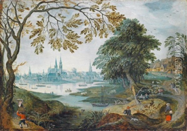 Baumbestandene Flusslandschaft Mit Blick Auf Eine Stadt Oil Painting - Abraham Govaerts