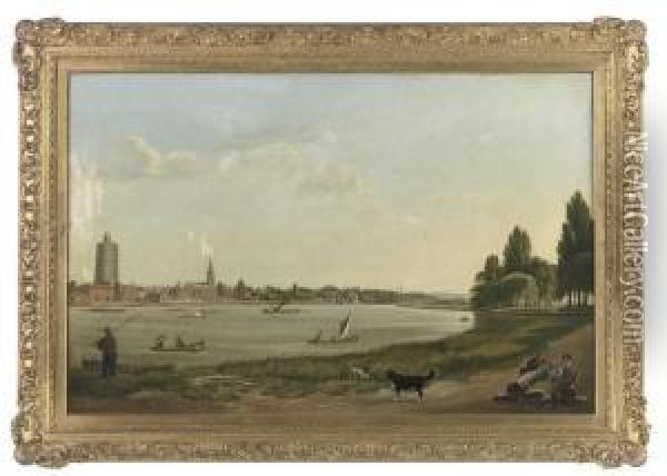 Two Timber Merchants And Their Faithfull Companions On The North Bank Of The Thames, Looking West Towards St. Mary's Church, Battersea, With Sir William Chamber's Chinese Pagoda At Kew Gardens On The Distant Horizon Oil Painting - Abraham Bruining Van Worrell