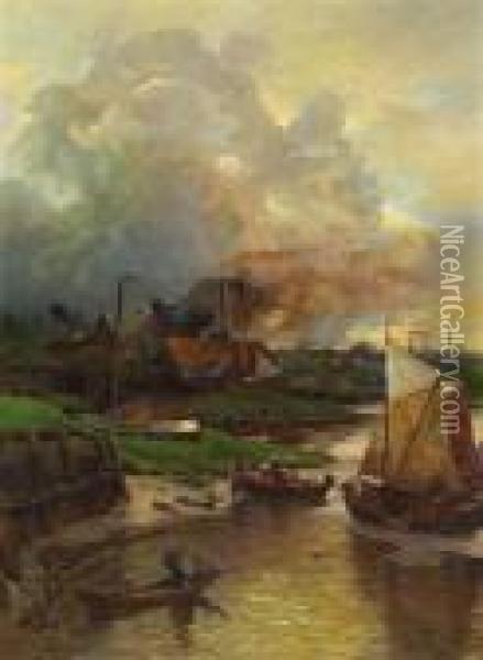 Fischerboote Am Ufer Mitder Stadtsilhouette Von Antwerpen Im Hintergrund Oil Painting - Andreas Achenbach