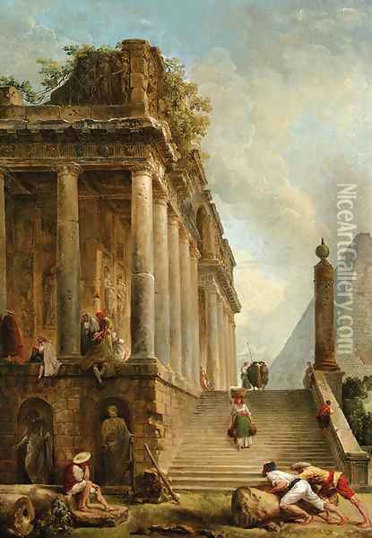 A capriccio of a ruined classical temple and a Pyramid with a flight of steps Oil Painting - Hubert Robert