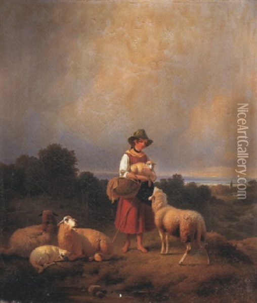 Junge Schaferin Mit Ihrer Herde, Im Hintegrund See Oil Painting - Moritz Eduard Lotze