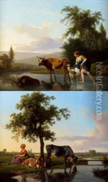 Le Repos De La Bergere Pres De Ses Vaches Oil Painting - Jean Louis (Marnette) De Marne