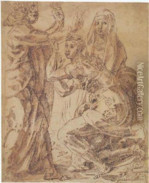 Three Figures Oil Painting - Jacopo Di Giovanni Di Francesco (Jacone)