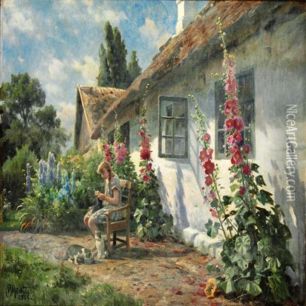 Summer Day In The Garden With A Girl Knitting Oil Painting - Peder Mork Monsted