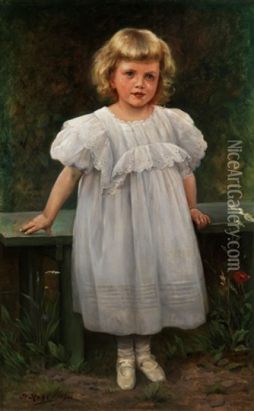 Kleines Madchen In Weisem Kleid An Einer Parkbank Stehend Oil Painting - Paul Theodor Rohr