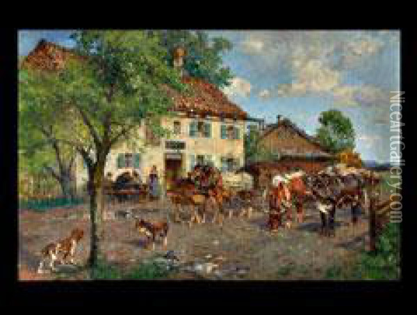 Pferde- Und Ochsenkarren Vor Dem Bauernwirtshaus Oil Painting - Paul Burmeister