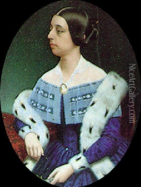 Miss Jane G. Bohlen Of Philadelphia, Seated, Wearing A Blue Brocade Dress With Lace Collar Oil Painting - John Henry Brown