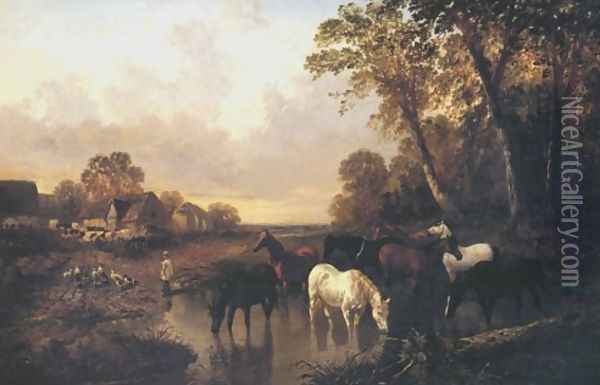 Horses Watering 1873 Oil Painting - John Frederick Herring Snr