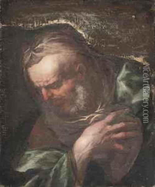 Head Of An Apostle: A Fragment Oil Painting - Johann Karl Loth