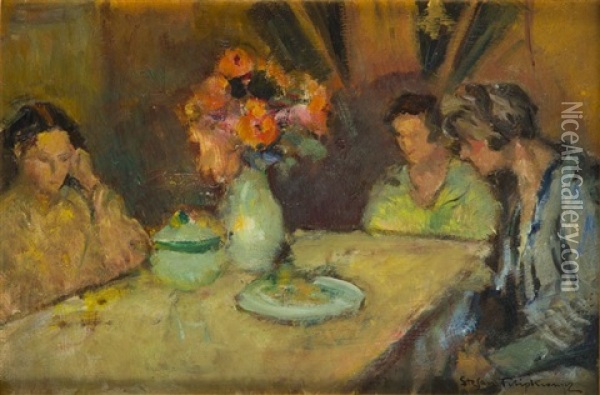 Artist's Daughters At The Table Oil Painting - Stefan Filipkiewicz