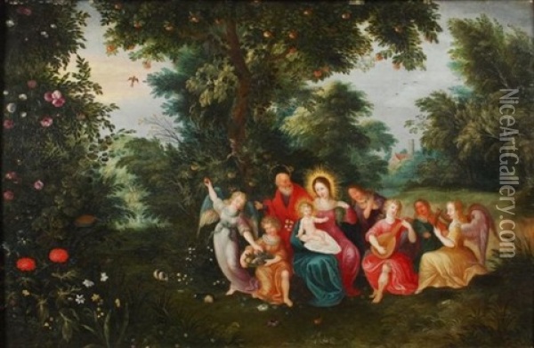 La Sainte Famille Entouree D'anges Musiciens Oil Painting - Cornelis de Baellieur the Elder