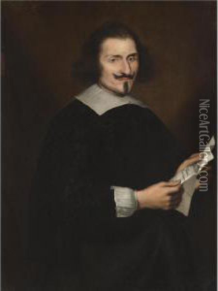 Portrait Of A Gentleman, Half 
Length, Said To Be Traiano Buoninsegni, Wearing Black And Holding A 
Letter Oil Painting - Giovanni Bernardo Carbone