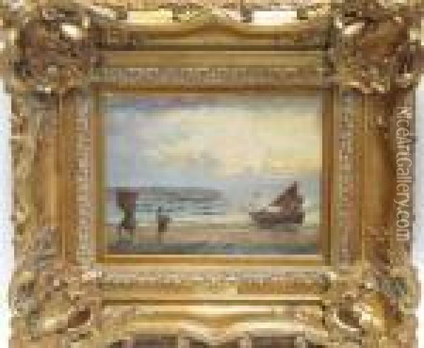 Seascape With Fishing Boat And Fish Mongers Oil Painting - Hendrik Willem Mesdag