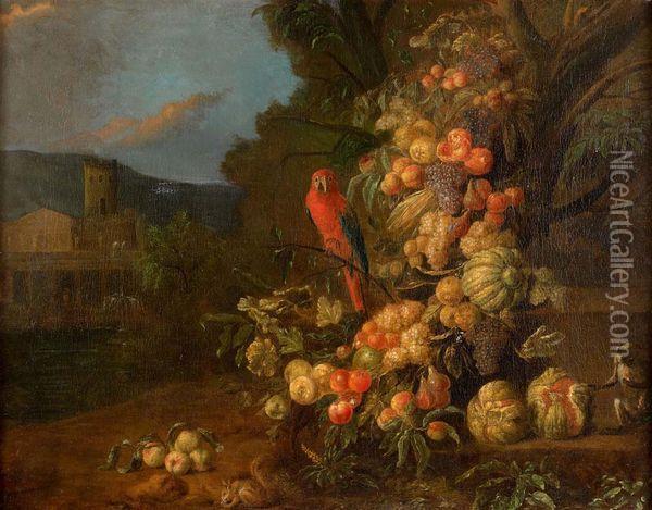 Composition De Fruits Avec Un Ara, Un Singe Et Un Ecureuil Sur Un Fond Paysager Oil Painting - Jan Pauwel Ii Gillemans