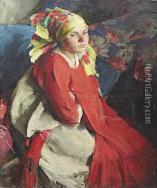 Peasant Woman With A Green Shawl Oil Painting - Abram Efimovich Arkhipov
