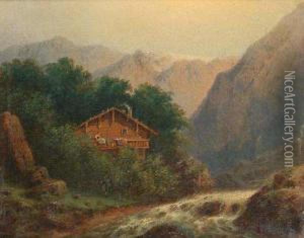 An Alpine Landscape With Figures Oil Painting - August Bedrich Piepenhagen