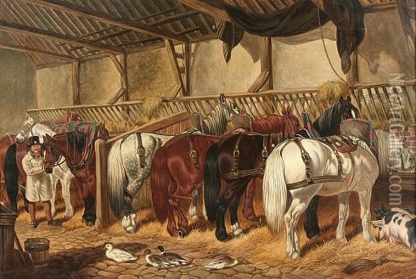 Stable Scene With Farm Horses Feeding, Ducks And Pigs Oil Painting - John Frederick Herring Snr