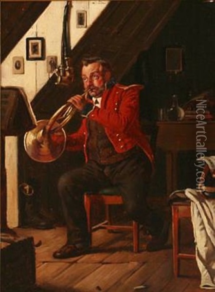 A Man Practicing His French Horn Oil Painting - Carl Carlsen
