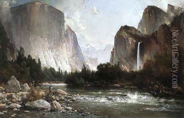 Piute Fishing on the Merced River, Yosemite Valley Oil Painting - Thomas Hill