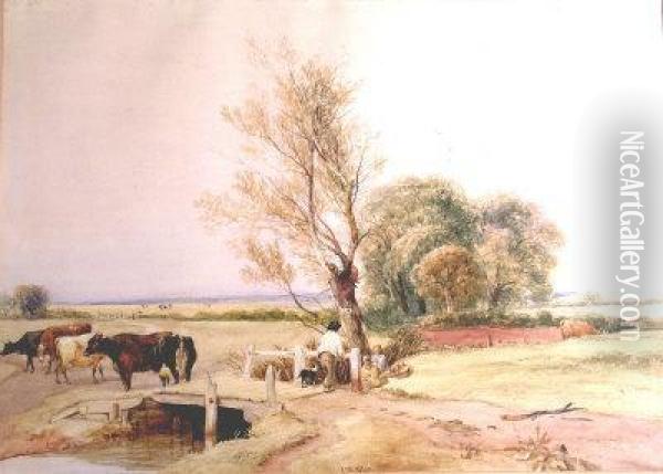 A Wooded River Landscape With Drover And Cattle On A Bridge Oil Painting - Joseph William Allen