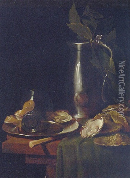 An Upturned Roemer And Lemon Peel On A Pewter Plate, A Ewer, A Sprig Of Bay Leaves, A Knife And Oysters On A Table Oil Painting - Willem Van Aelst