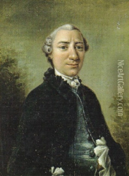 Portraet Af En Adelsmand I Bla Frakke Og Lysebla Vest Oil Painting - Johan Georg Hertzog