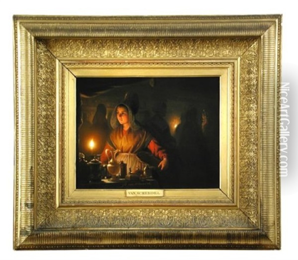 An Interior With A Maidservant By Candlelight Oil Painting - Petrus van Schendel