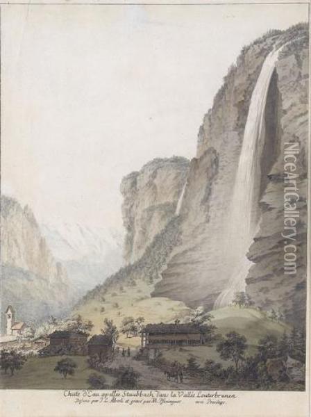 Chute D'eau Apellee Staubbach Dans La Vallee Louterbrunen Oil Painting - Johann Ludwig Aberli