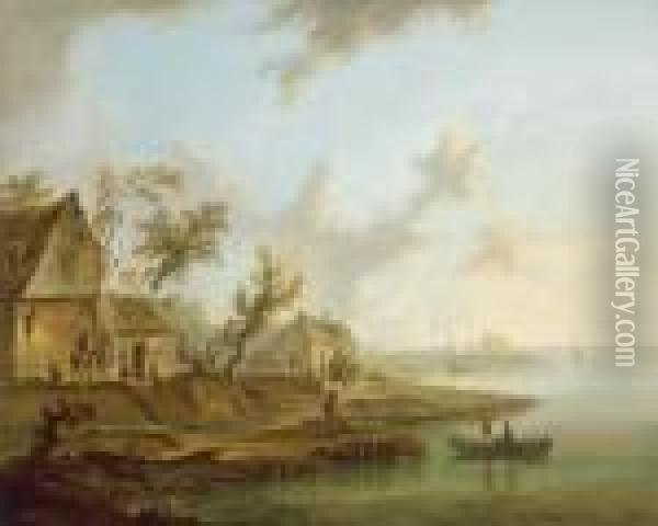 Ito Case Lungo Un Fiume Con Molte Figure E Una Barca Di Pescatori Oil Painting - Christian Georg Schuttz II