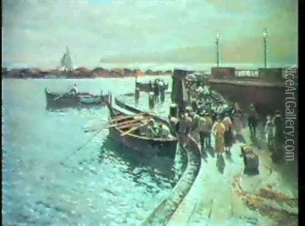 Fisherfolk On A Quay Oil Painting - Attilio Pratella