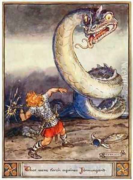 Thor went forth against Jormungand Oil Painting - Charles Edmund Brock