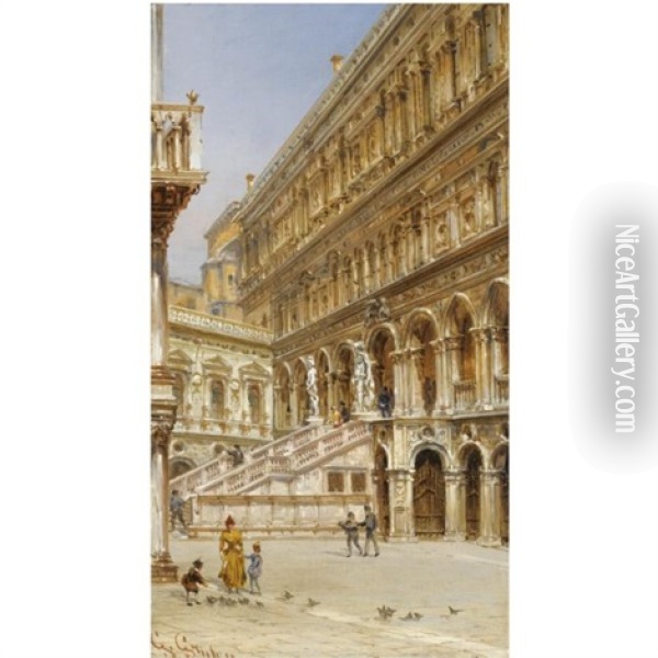 The Giants' Staircase In The Courtyard Of The Doge's Palace Oil Painting - Giovanni Grubas