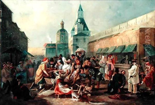 Refreshment Stall near the Chinese Wall in Moscow Oil Painting - Vasili Egorovich Astrakhov