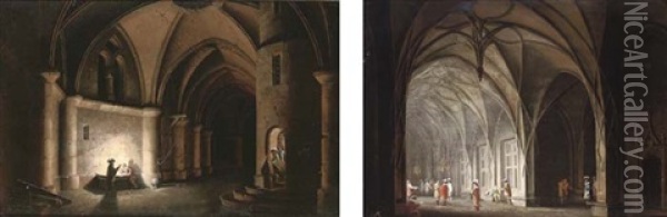 Cavaliers Conversing In A Gothic Atrium (+ A Prisoner In A Dungeon; Pair) Oil Painting - Josef Platzer