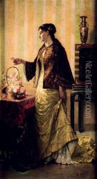 Elegante Au Bouquet De Fleurs Oil Painting - Alfred Stevens