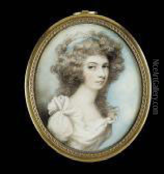 A Lady, Called Mrs Jenny Pigott,
 Wearing White Dress With Frilled Collar And Blue Bandeau In Her 
Powdered Hair Oil Painting - Andrew Plimer