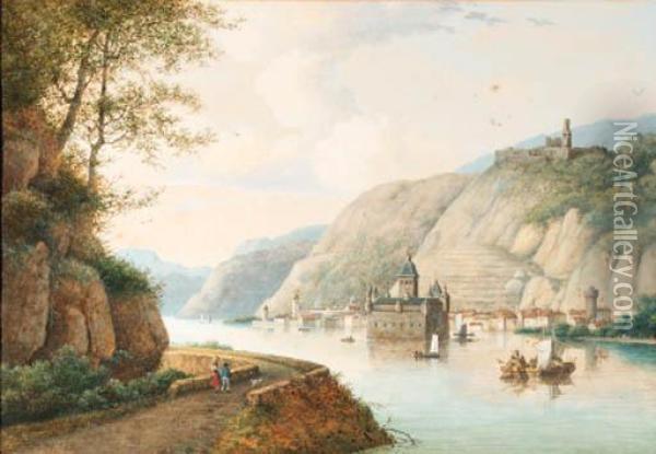 A View Of The Pfalzgrafenstein At Kaub On The River Rhine,gutenfels Castle Above Oil Painting - Henri Knip