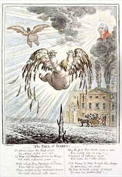 Satirical cartoon depicting the Fall of Icarus with reference to the Exchequer Oil Painting - James Gillray