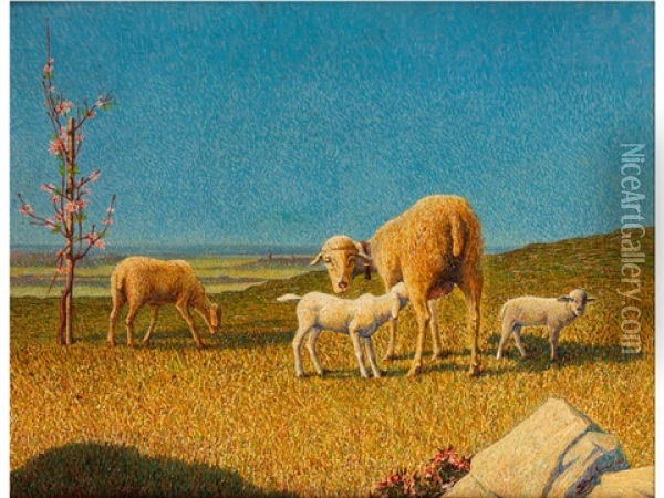 La Madre - Pecora E Agnellino Oil Painting - Ernesto Barbero