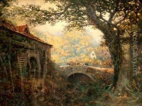 Figure With Cattle Crossing A Stone
Bridge With A Watermill Oil Painting - William Joseph Wadham