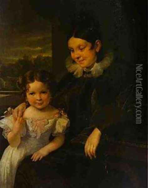 Portrait Of VI Yershova With Her Daughter 1831 Oil Painting - Vasili Andreevich Tropinin