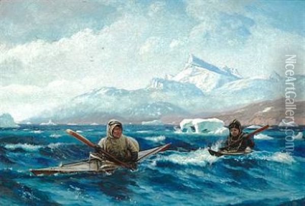 A Sealer With His Son In Kayak On A Fiord In Greenland Oil Painting - Carl (Jens Erik C.) Rasmussen