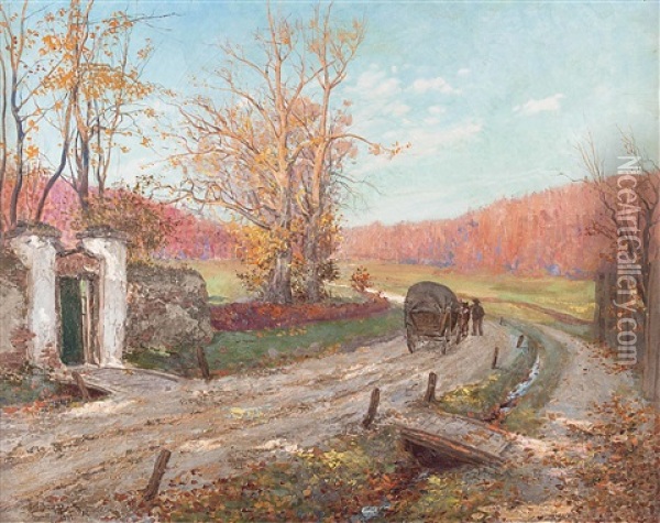 Pferdefuhrwerk In Herbstlicher Landschaft Oil Painting - Friedrich Beck