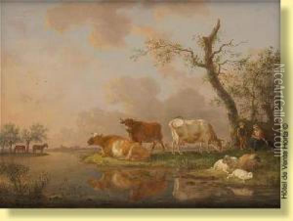 Conversation De Bergers En Bord De Riviere Oil Painting - Jean-Baptiste De Roy