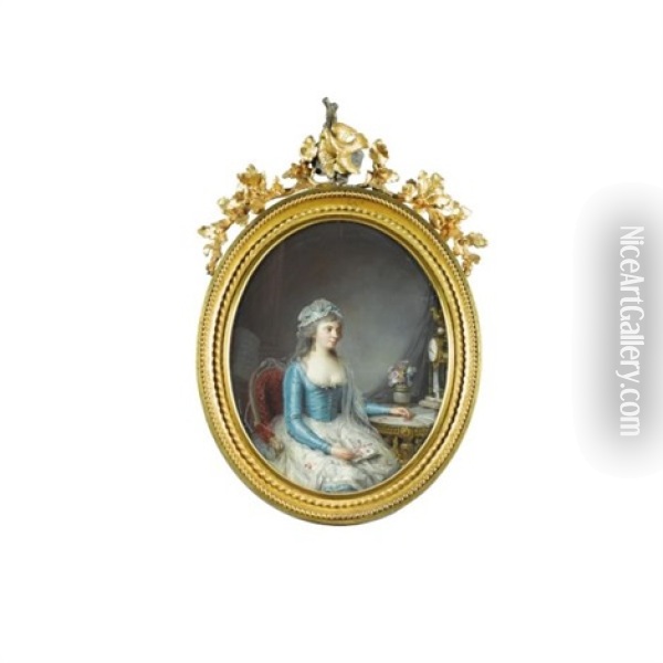 Portrait De Jeune Femme A La Robe Bleue Devant Un Gueridon Oil Painting - Jean Francois Garneray