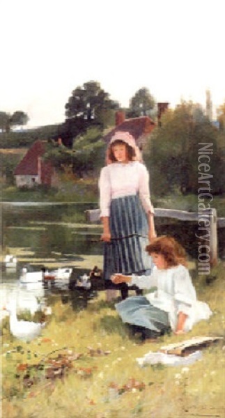 Feeding The Ducks Oil Painting - Carlton Alfred Smith