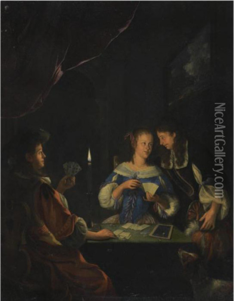 A Nocturnal Interior With Card Players Oil Painting - Jacob Van Toorenvliet