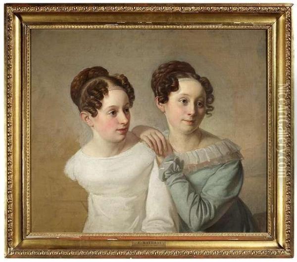 Portrait Of The Siblings Friedrike And Luise Campe, Daughters Of The Leipzig Merchant And Bavarian Consul Heinrich Wilhelm Campe. Oil/canvas/canvas, Verso Inscribed Oil Painting - Johann Friedrich Matthai