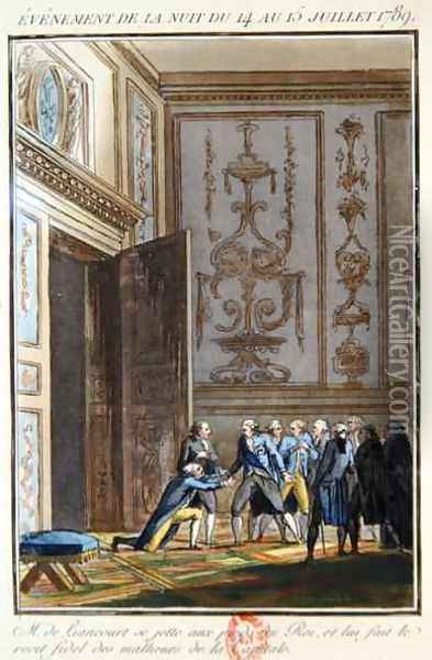 Monsieur de Liancourt 1747-1827 telling Louis XVI 1754-93 at Versailles of the events in Paris on 14th July 1789 Oil Painting - Jean-Francois Janinet